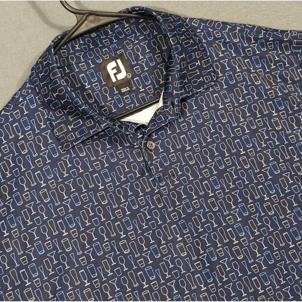 Footjoy Polo Shirt Men's L Blue Drinks Print AOP Golf Performance Preppy